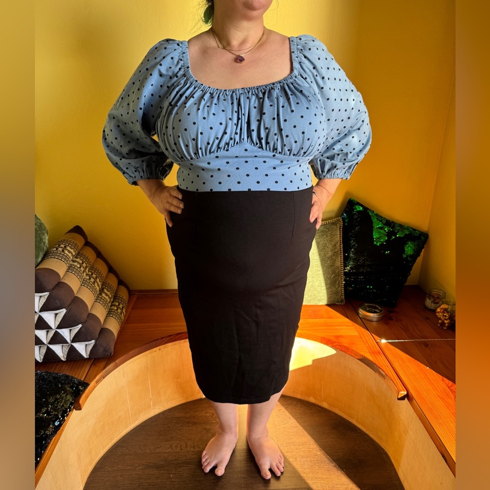 Daydream Wiggle dress in blue polka dot by Micheline Pitt, 3X
